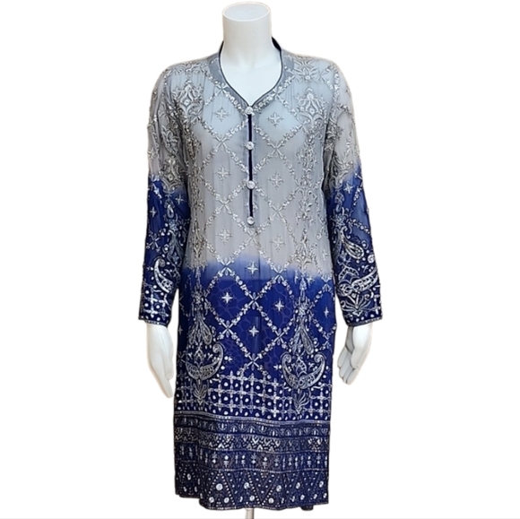 DUBAI CUSTOM Bollywood Kurti Shalwar Silk Dress Tunic Top L Embroidered Wedding - Picture 3 of 16